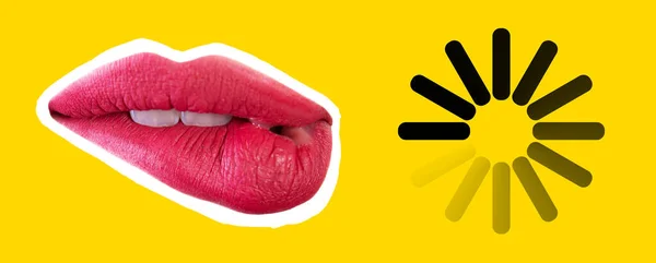 Collage Magazine Style Seductive Beautiful Female Lips Loading Sign Emotional — Stock Photo, Image