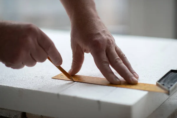 Styrofoam Seiling Mounting Man Cuts Foam Warming Repair House Diy — Stock Photo, Image