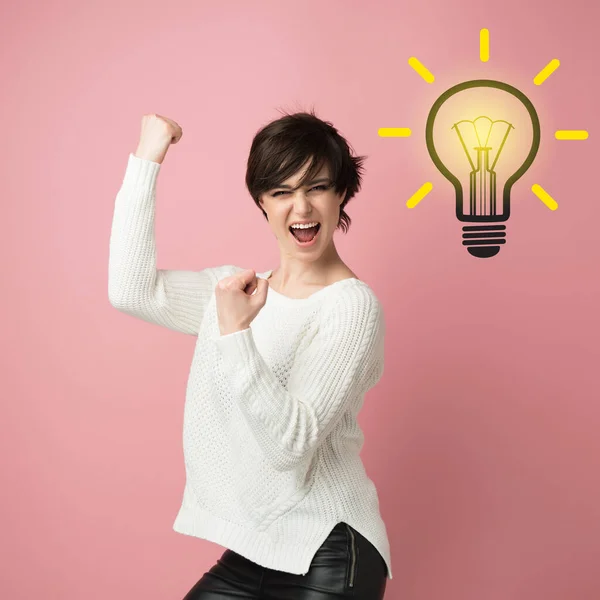 Beautiful Young Woman Happy Expressing Winning Gesture Successful Girl Celebrating — Stock Photo, Image