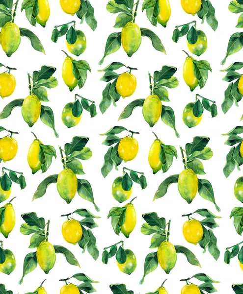 黄色のレモンのシームレスなパターン 木の枝に緑の葉 白い背景の果物 シトラス 紙の質感と水彩手描きイラスト カバーデザインのためのテンプレート — ストック写真