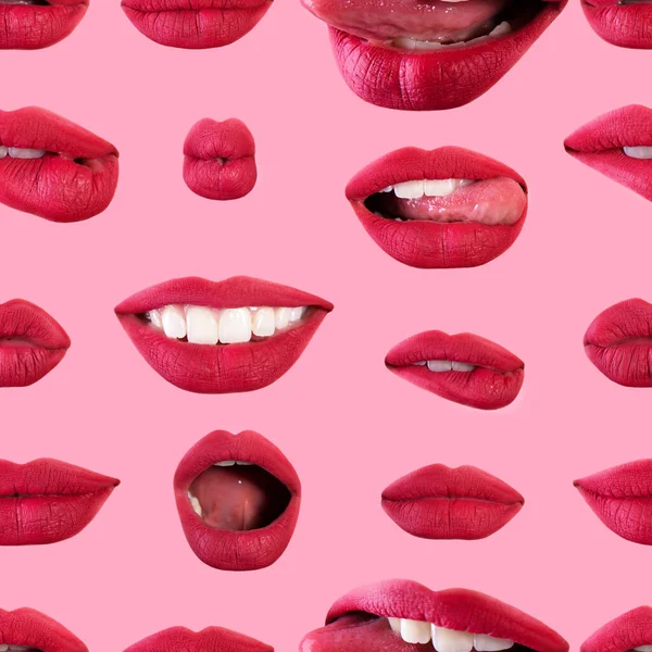 有着不同情感的迷人美丽女性嘴唇的无缝图案 情绪化女人的嘴巴姿势 粉红背景的拼贴 纺织品 封面设计用模板 — 图库照片