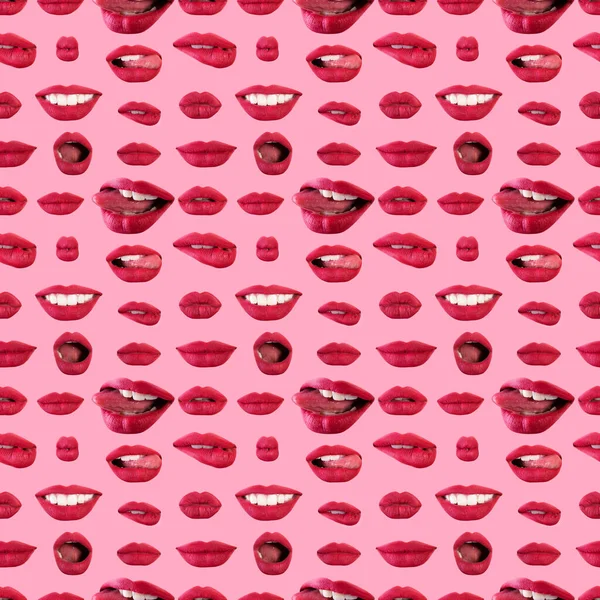 有着不同情感的迷人美丽女性嘴唇的无缝图案 情绪化女人的嘴巴姿势 粉红背景的拼贴 纺织品 封面设计用模板 — 图库照片