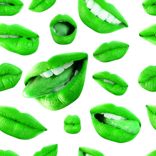 有着不同情感的迷人而美丽的女性嘴唇的无缝图案 绿色色调 情绪化女人的嘴巴姿势 白色背景的拼贴 纺织品 封面设计用模板 — 图库照片
