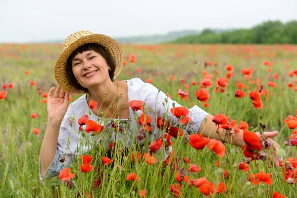 Cheerful Attractive Mid Adult Ucrainian Woman Wearing White Shirt Embroidery — Stock Photo, Image