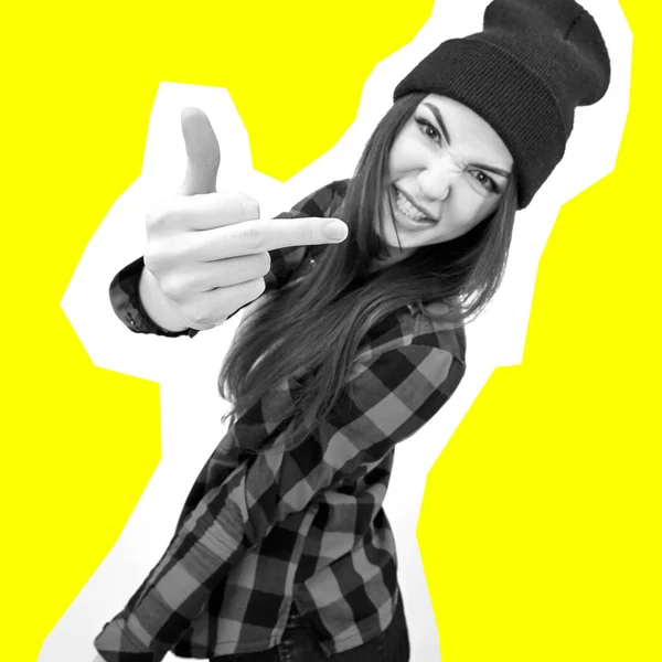 Girl Jeans Checked Shirt Hat Showing Middle Fingers Yellow Background — Stock Photo, Image