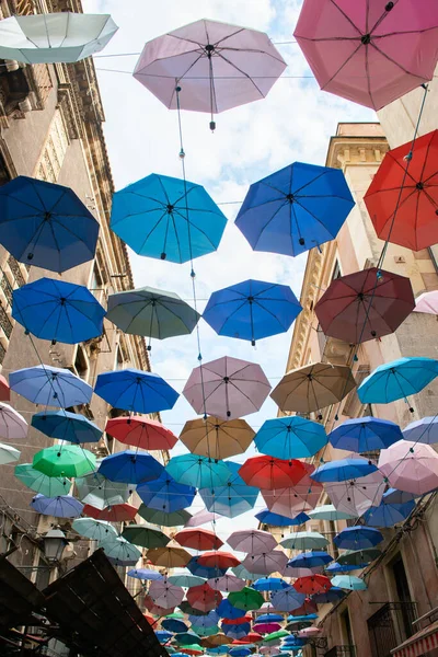 stock image Colorful umbrellas - decoration on streets in Catania city center, Sicily, Italy