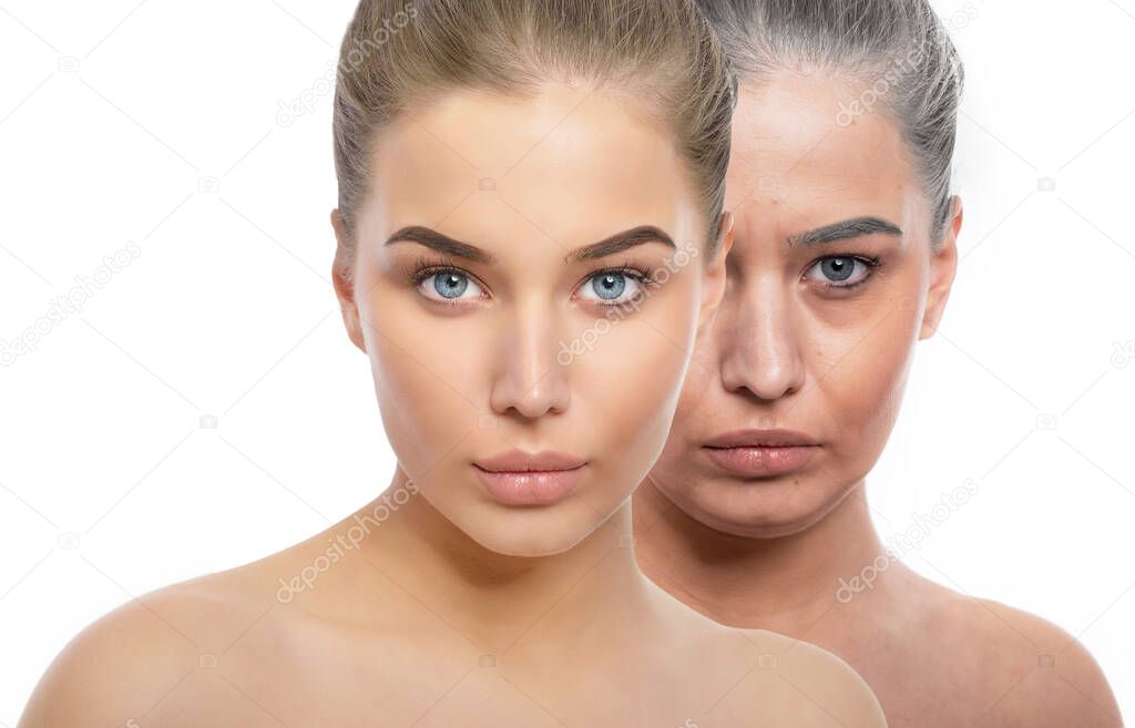 Face of young beautiful girl and old woman. Beauty treatment, aging and youth, lifting, antiaging, skincare, hydration, plastic surgery, rejuvenation, skincare  concept. Comparison before and after procedures. 