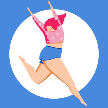 Düz stil dizayn edilmiş, mutlu zıplayan ve dans eden aktif bir kadının el çizimi tasviri. Feminizm ve kızın güç konsepti, kadınlar günü kartı..