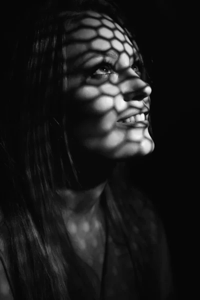 Beautiful Woman Confesses Confessional Black White Praying Woman Fine Art — Stock Photo, Image