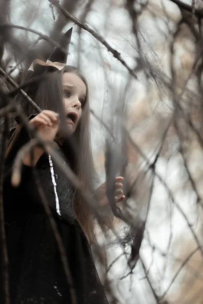 Cadı Kostümü Giymiş Küçük Bir Kız Korku Ifadeleriyle Sonbahar Ormanında — Stok fotoğraf