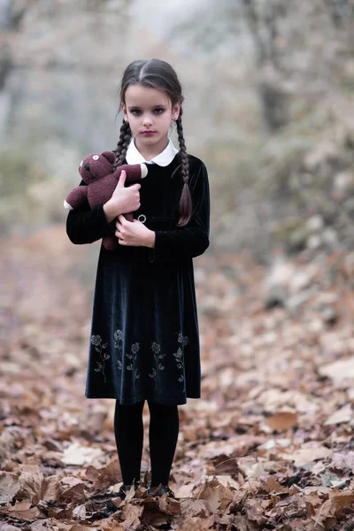 Beautiful Little Girl Long Brunette Hair Dressed Dark Velvet Dress — Stock Photo, Image