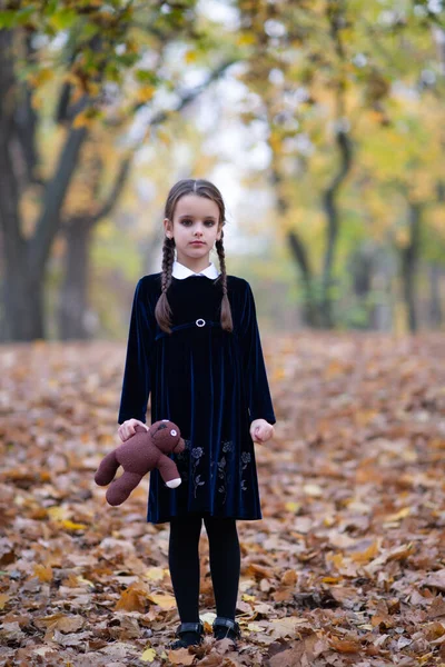 Schöne Kleine Mädchen Mit Langen Brünetten Haaren Dunklem Samtkleid Gekleidet — Stockfoto