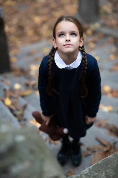 Beautiful Sad Little Girl Pigtails Dressed Dark Blue Standing Mystic — Stock Photo, Image