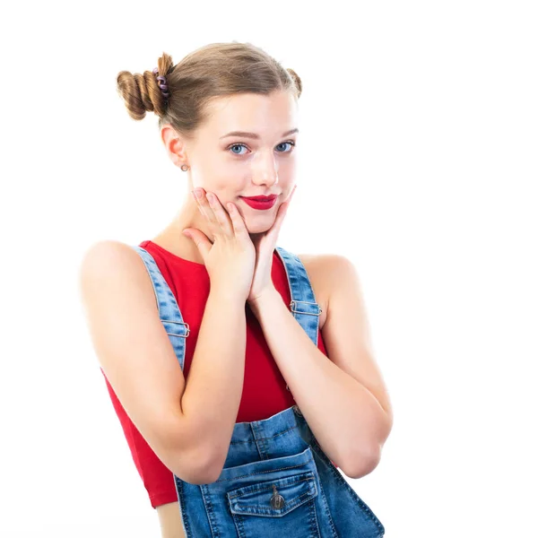 Menina Bonita Adolescente Retrato Sobre Fundo Branco Mulher Bonita Vestindo — Fotografia de Stock