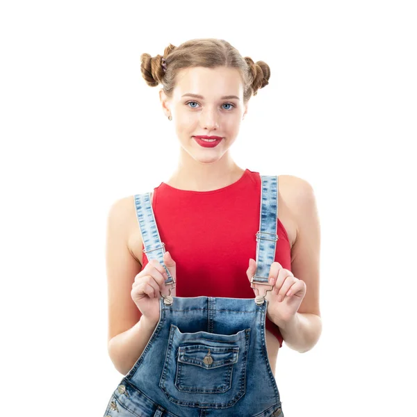 Menina Bonita Adolescente Retrato Sobre Fundo Branco Mulher Bonita Vestindo — Fotografia de Stock