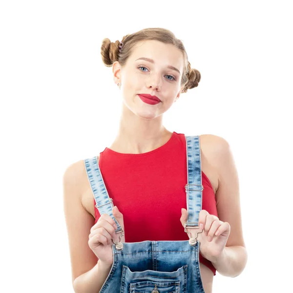 Pretty Teen Girl Portrait White Background Beautiful Woman Wearing Red — Stock Photo, Image