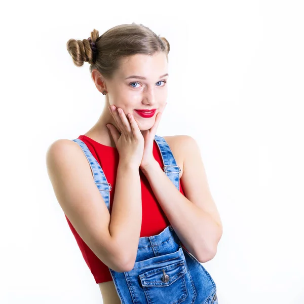 Mooi Tienermeisje Portret Witte Achtergrond Mooie Vrouw Met Rood Topje — Stockfoto