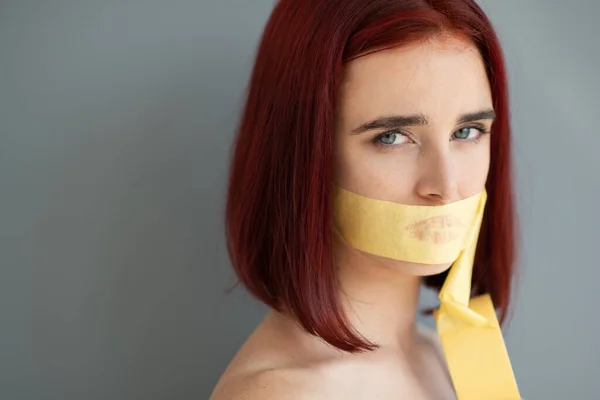 Young Pretty Woman Mouth Sealed Tape Silence Social Gender Domestic — Stock Photo, Image