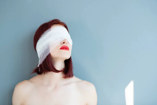 Bandaged Eyes Young Woman Conceptual Indoor Portrait Person Who Doesn — Stock Photo, Image