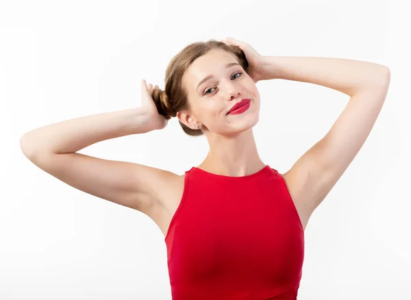 Mooie Jonge Blonde Vrouw Met Blauwe Ogen Glimlachen Kijken Naar — Stockfoto