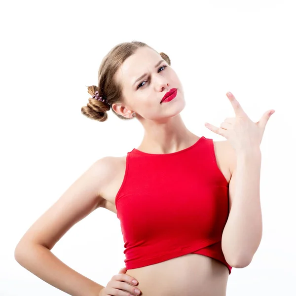 Bastante Divertido Adolescente Emocional Parte Superior Roja Sobre Blanco — Foto de Stock