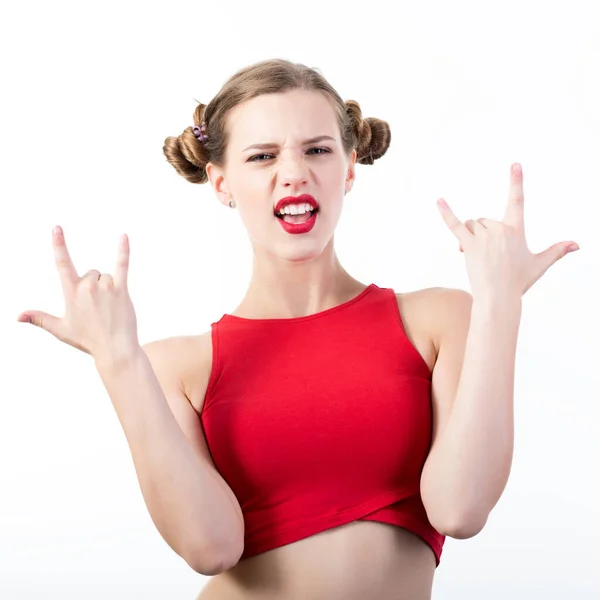 Ziemlich Lustige Emotionale Teenager Rotem Top Über Weißem — Stockfoto