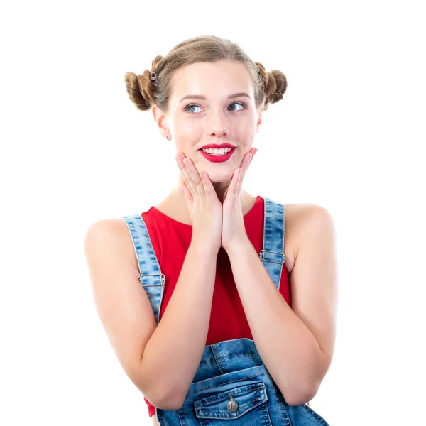 Vrij Gelukkig Jonge Vrouw Beeldt Emoties Van Zorg Wachten Interesse — Stockfoto