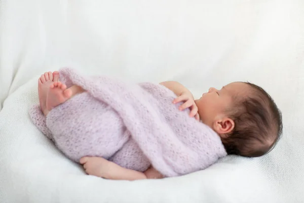 New Born Baby Girl Sleeps Home Smiling Dream Cute Little — Stock Photo, Image