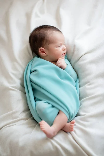 New Born Baby Girl Sleeps Home Smiling Dream Cute Little — Stock Photo, Image