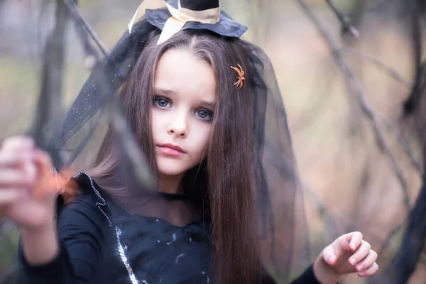 Gyönyörű Kislány Hosszú Barna Hajjal Boszorkányruhába Öltözve Kalapban Sétál Őszi — Stock Fotó