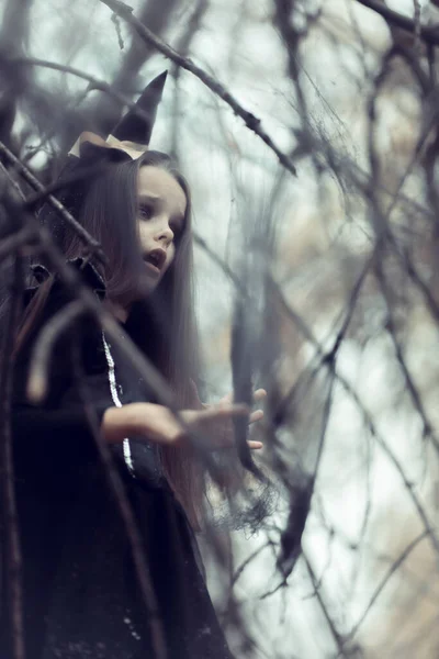 Niña Vestida Con Disfraz Bruja Caminando Bosque Otoñal Con Expresiones — Foto de Stock