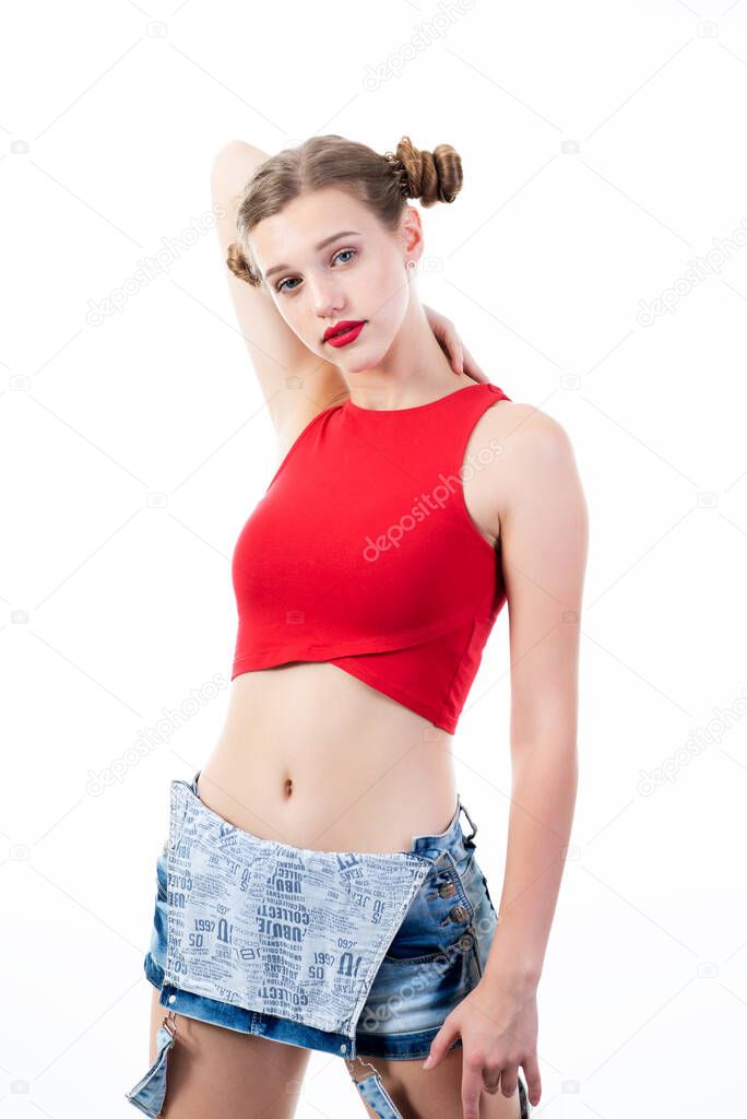 Pretty funny emotional teen girl, portrait over white background.