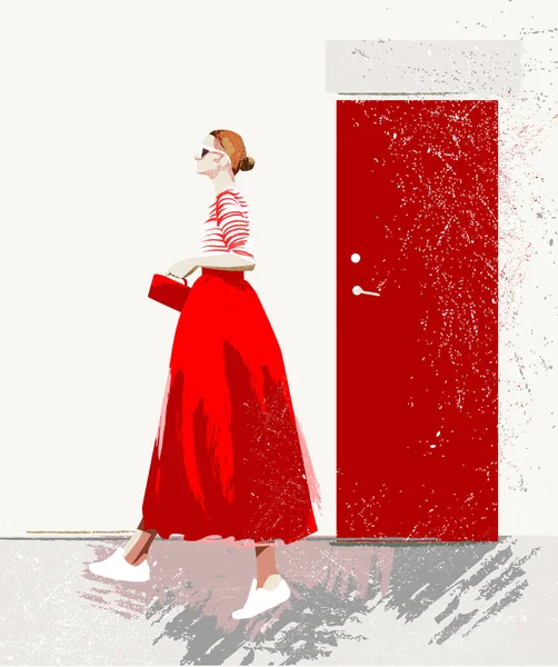 Ilustración Moda Mujer Joven Rojo Caminando Aire Libre Con Bolsa — Archivo Imágenes Vectoriales