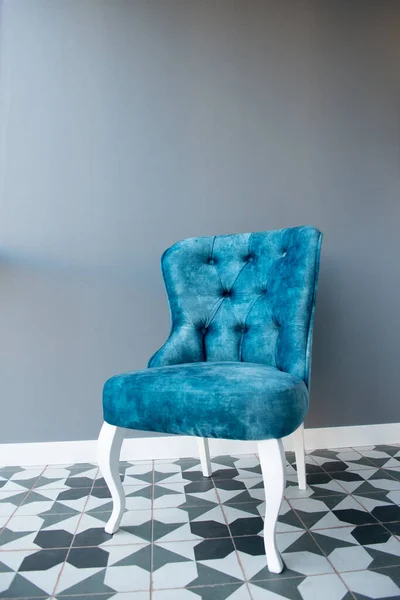 Modern Design Home Interior Elegant Blue Chair Retro Style Gray — Stock Photo, Image