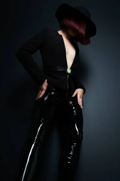 Beautiful Fashion Woman Perfect Body Wearing Black Blazer Latex Tight — Stock Photo, Image