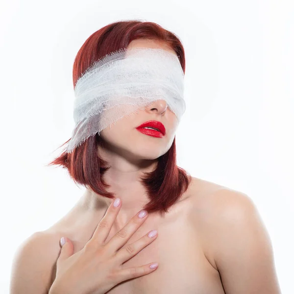 Bandaged Eyes Young Woman Conceptual Portrait Person Who Doesn Notice — Stock Photo, Image