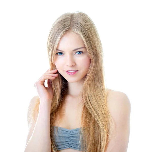 Mulher Caucasiana Jovem Atraente Com Longos Cabelos Loiros Feliz Sorrindo — Fotografia de Stock