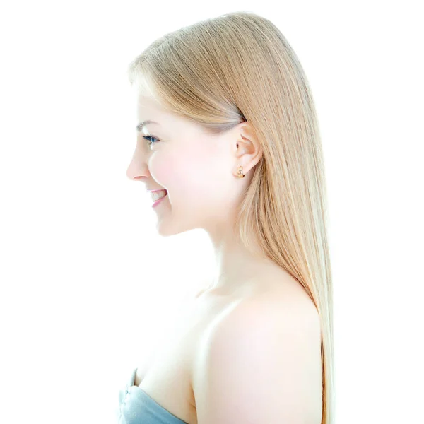 Atractiva Joven Mujer Caucásica Con Pelo Largo Rubio Feliz Sonriendo —  Fotos de Stock