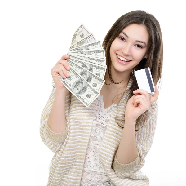 Nő készpénz és kártya — Stock Fotó