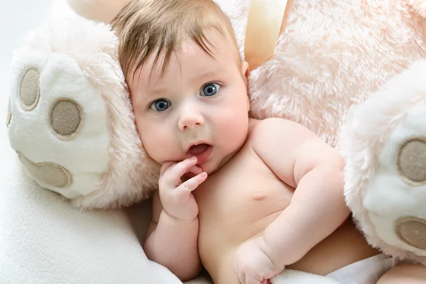 Infant baby boy with big toy bear — Stock Photo, Image