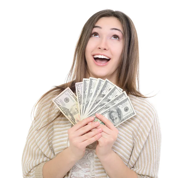 Woman holding cash — Stock Photo, Image