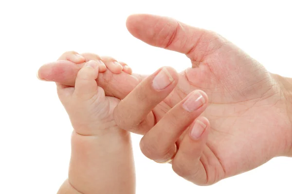 Baby holds mother's finger hand, — Stockfoto