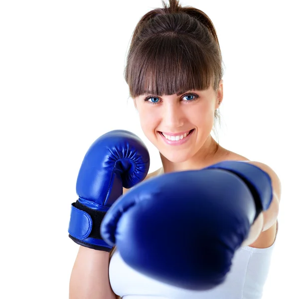 Vrouw in bokshandschoenen — Stockfoto