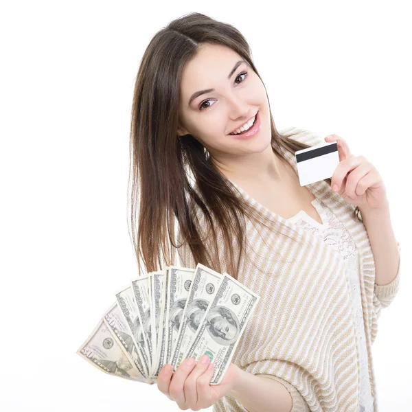 Chica sosteniendo dinero y tarjeta —  Fotos de Stock