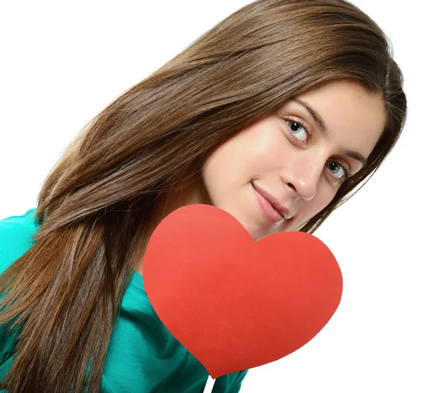 Flicka med rött hjärta — Stockfoto
