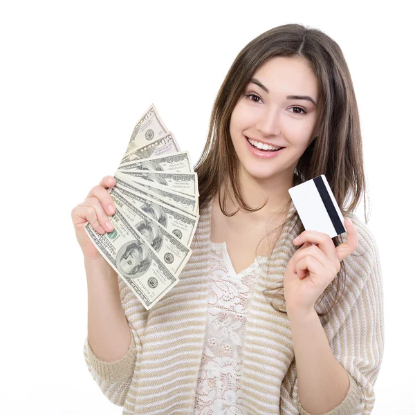 Chica sosteniendo dinero y tarjeta — Foto de Stock