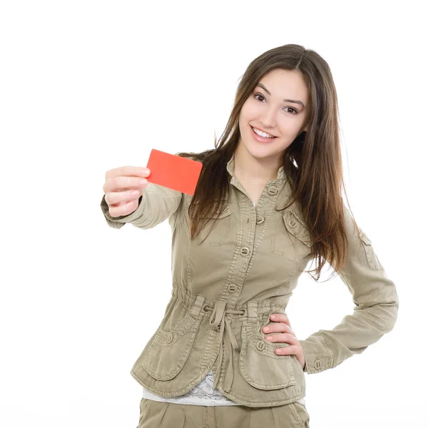 Woman holding red card — Stock Photo, Image