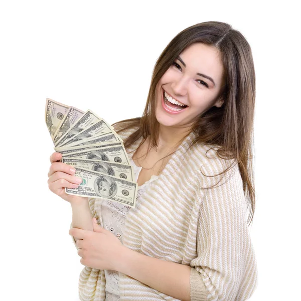 Kvinna innehav kontanter — Stockfoto