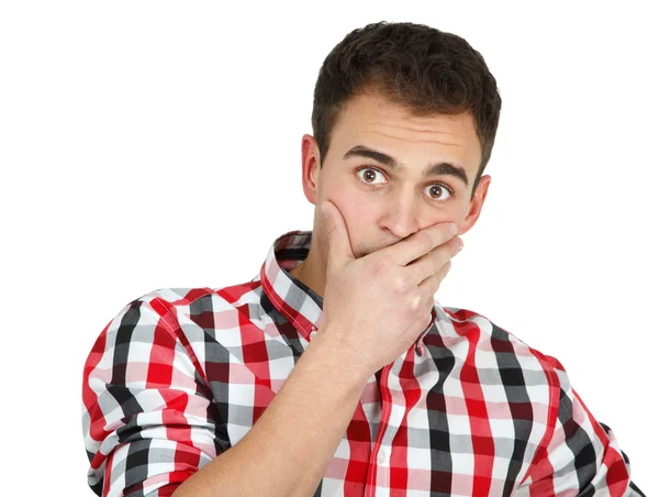 Jeune homme choqué en chemise à carreaux — Photo