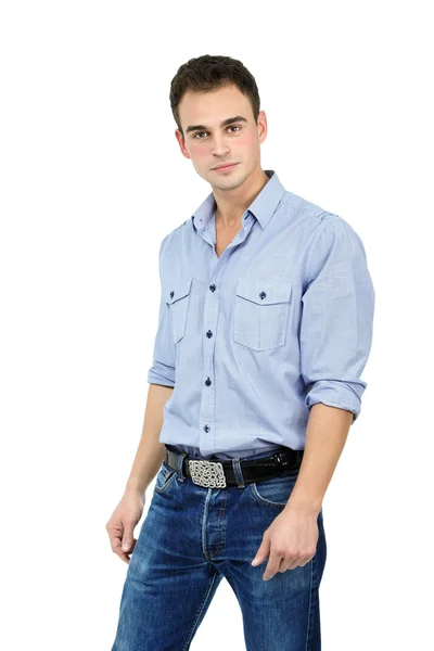 Mann in blauem Hemd und Jeans — Stockfoto